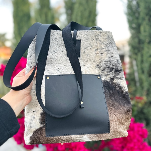 Stylish Black Cowhide Leather Tote Bag